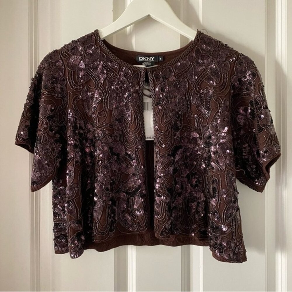DKNY 100% SILK Vintage Embroidered Beaded Brown Mini Sweater Coat